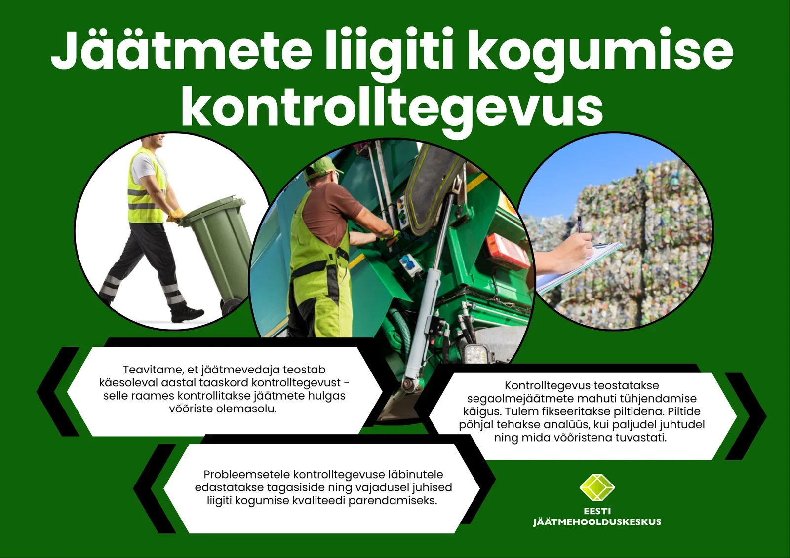 Jäätmete liigiti kogumise kontrolltegevus: jäätmevedaja kontrollib segaolmejäätmete hulgas võõriste olemasolu, tulem fikseeritakse piltidena ja probleemsetele kontrolli läbinutele edastatakse tagasiside.